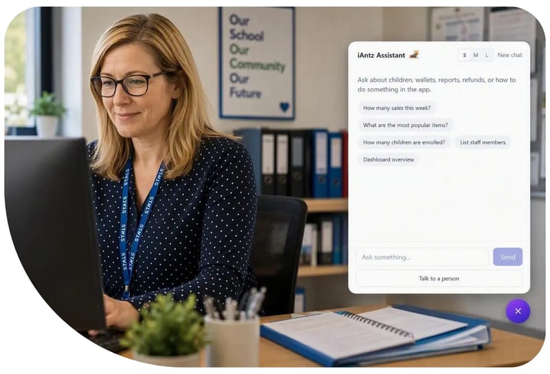 A school administrator using iAntz Assistant, with the option to talk to a person