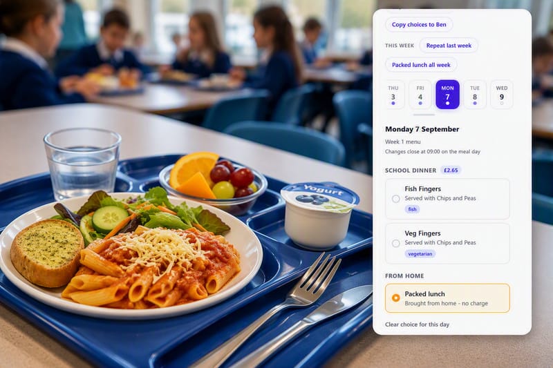 A school dinner tray beside the iAntz meal ordering screen