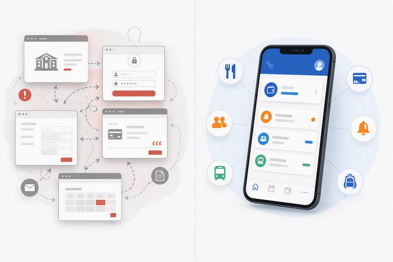 The iAntz parent app compared with complicated school payment websites