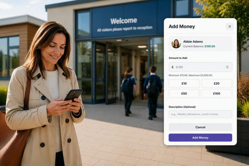 A parent adding money to their iAntz account on their phone outside school