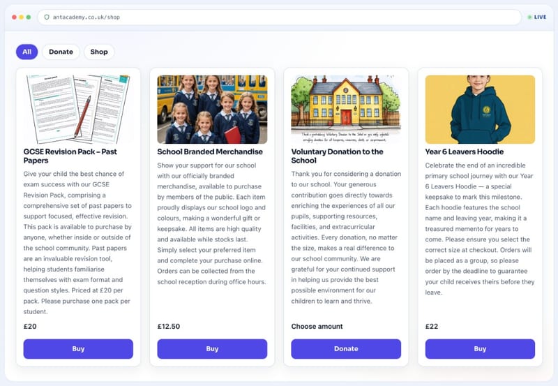 A school public store on its own website, with items to buy and a donation, and no login