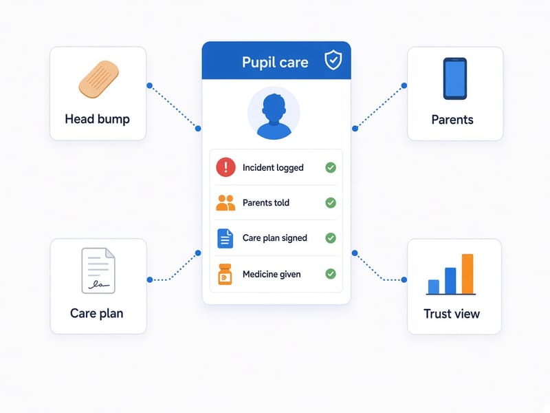Pupil Care connected to a head bump, parents, a signed care plan, medicine given and a trust view