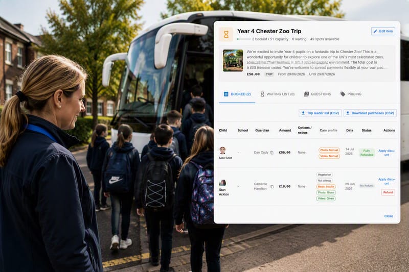 Pupils boarding a coach beside the iAntz trip booking screen