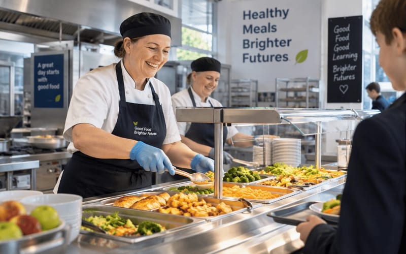A school cook serving lunch to a pupil at the servery