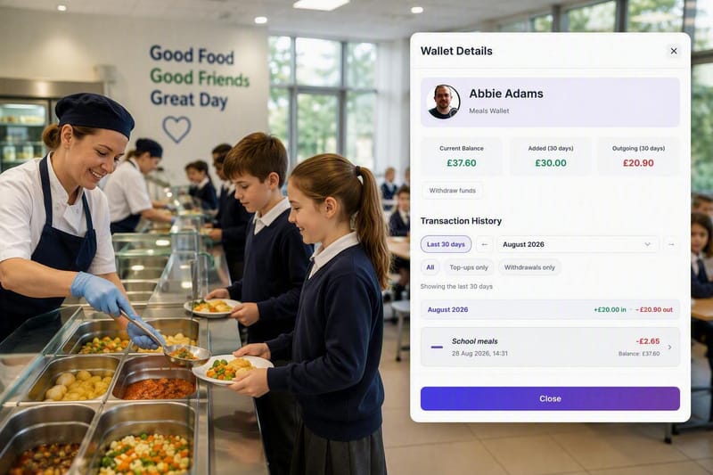 A school servery beside an iAntz meals wallet, showing a parent payment for school meals