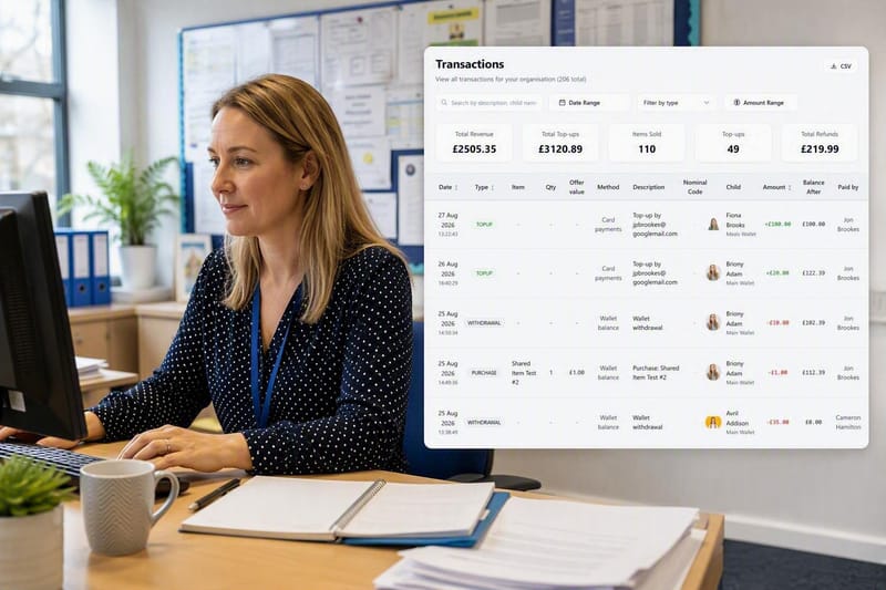 A school office worker beside an iAntz transactions screen showing payment totals