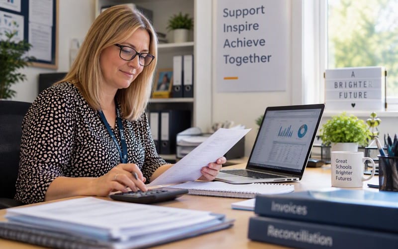 A school office worker reviewing invoices and a finance report