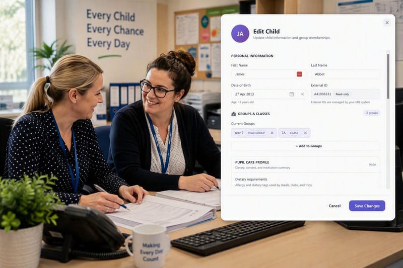 School office staff beside an iAntz child record, with the external ID managed by the MIS