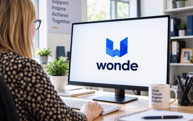 A school office worker using a computer that shows the Wonde logo