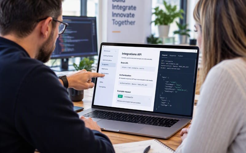 Two colleagues reviewing an integrations API on a laptop