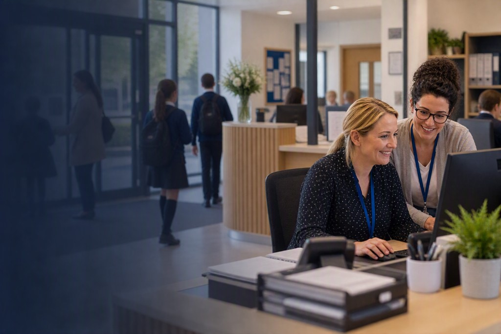 School office staff smiling together at a computer in a busy school reception