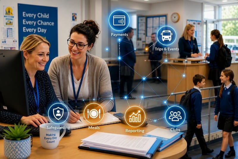 School staff with payments, meals, clubs, trips, safeguarding and reporting connected in one place