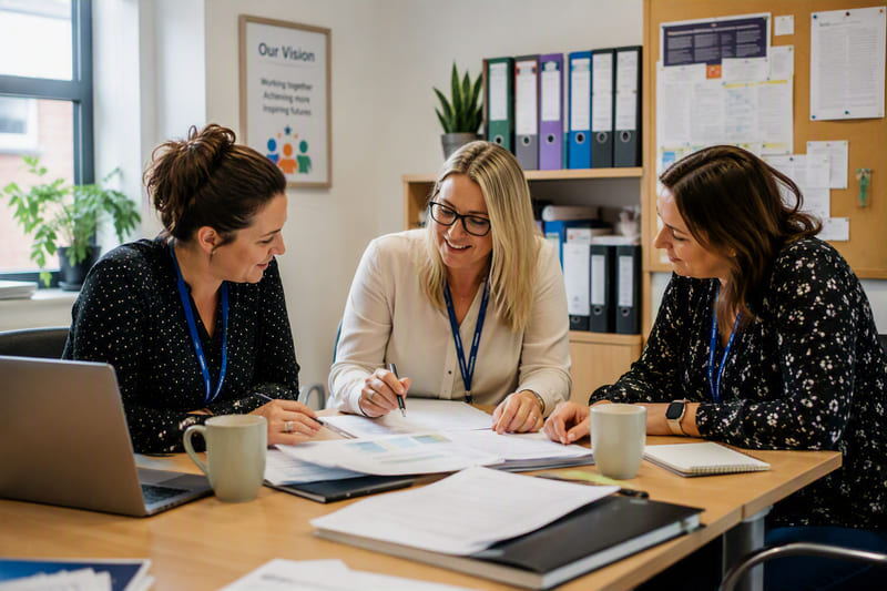 School staff working together around a laptop