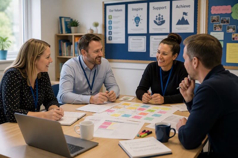 School staff planning together around a meeting table