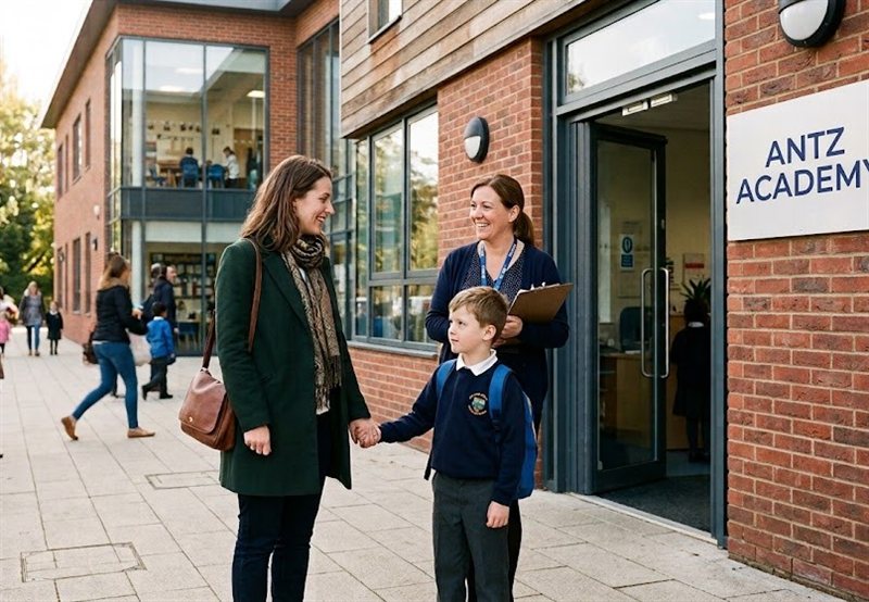 A parent and child talking with a member of school staff at the school gate