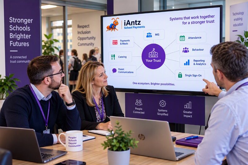 School leaders reviewing how iAntz connects with existing trust systems