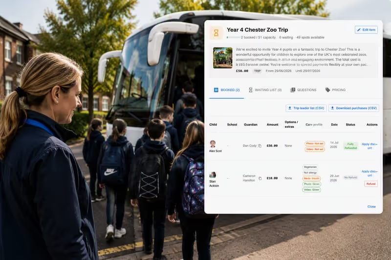School trip bookings with payments, consent and waitlist details in iAntz