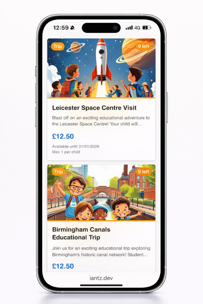 Mobile app showing trips and events booking