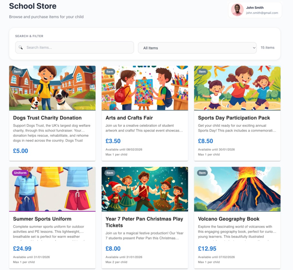 School store interface showing items for purchase