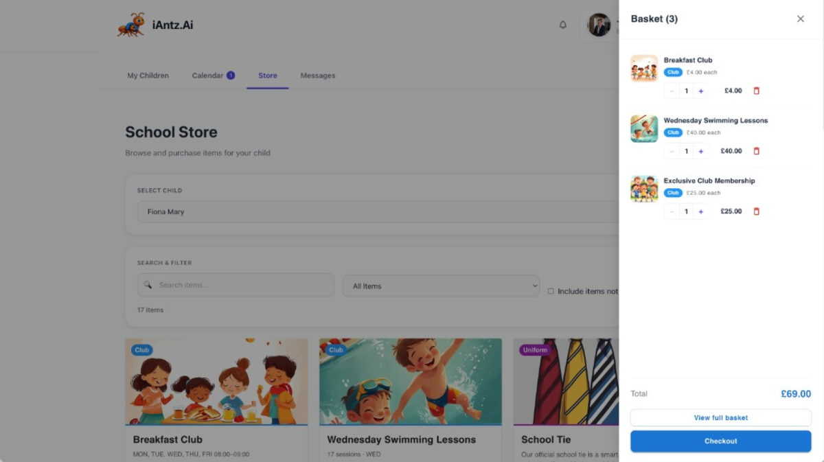 Shopping basket sidebar with items, quantities, and checkout