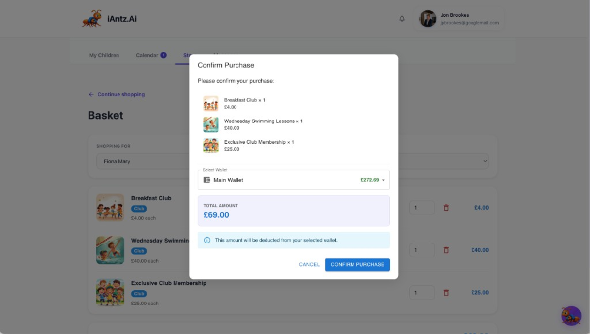 Confirm purchase modal with wallet selection and total amount
