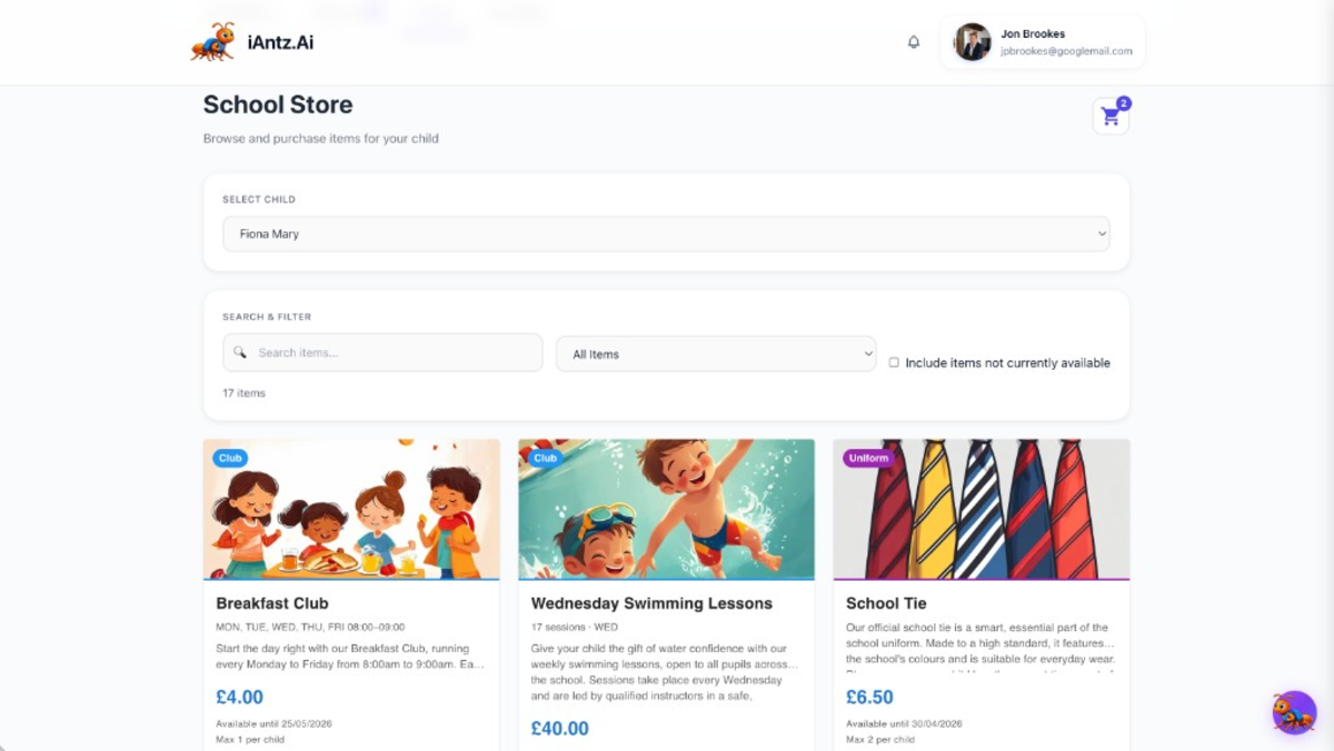 School store interface with product grid, search, filters, and child selector