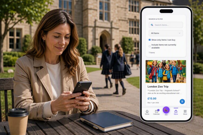 Parent booking a school trip on a phone outside an independent school