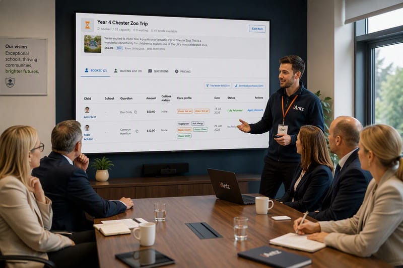 Trust leaders reviewing a shared trip booking dashboard with iAntz