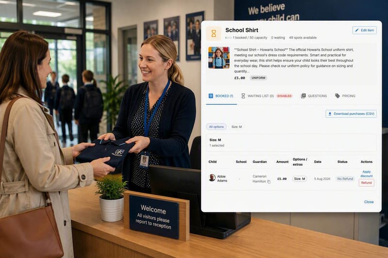 School office handing a parent a uniform, with the iAntz school store overlay